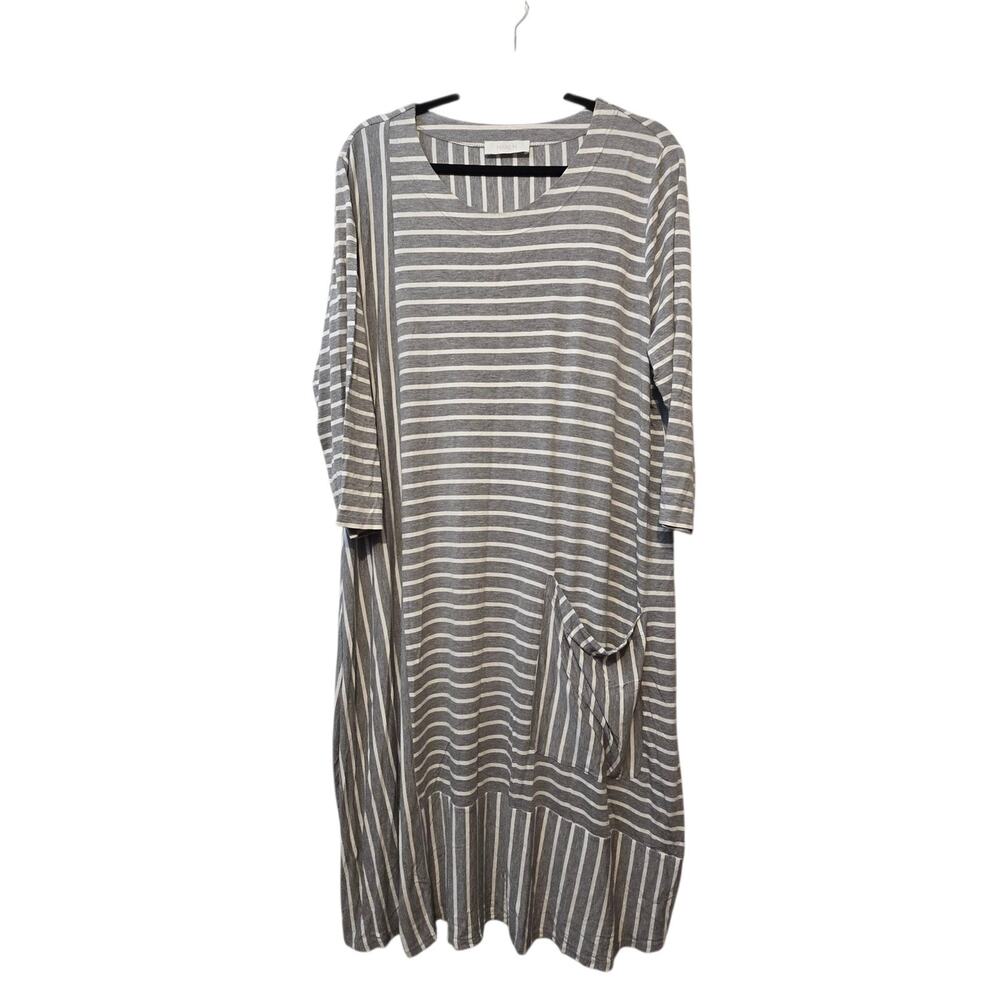 Noen Striped Midi Dress Womens 16 Grey Stretch Lagenlook Slouchy Comfort‎ Pocket